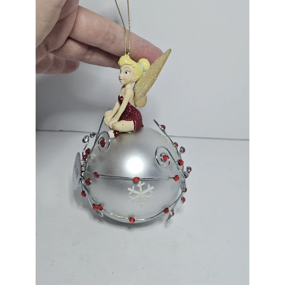 Disney Tinker Bell Sitting on Silver Ball Christmas Ornament Red Glitter 2006